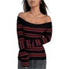 image:imageFloerns Womens Striped Off The Shoulder Sweater Y2k Long Sleeve Knit Pullover Sweater Club OutfitsBurgundy
