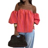 image:imageFloerns Womens Striped Off The Shoulder Tops Lantern Sleeve Beach Vacation Summer BlousesRed