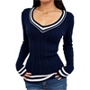 image:imageFloerns Womens Striped Preppy Sweaters V Neck Cable Knit Going Out Fall Pullover TopsDark Blue