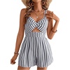 image:imageFloerns Womens Striped Print Jumpsuit Sleeveless Twist Front Cut Out Short RompersBlack and White