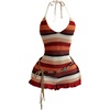 image:imageFloerns Womens Striped Ruffle Trim Short Romper Summer Tie Back Sleeveless Crochet Halter JumpsuitRed Multi