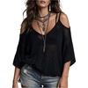 image:imageFloerns Womens Striped Sweater Cold Shoulder V Neck Knit Pullover TopBlack