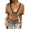 image:imageFloerns Womens Striped V Neck Cinched Waist Dolman Sleeve Going Out TopsBrown and Orange