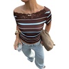 image:imageFloerns Womens Y2k Striped Lace T Shirts Off The Shoulder Short Sleeve Going Out TopsBrown and Blue