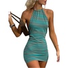image:imageFloerns Womens Y2k Striped Mini Halter Neck Tie Backless Going Out Bodycon DressesTeal Blue