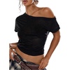 image:imageFloerns Womens Y2k Striped Off The Shoulder Blouse Tops Sheer Dolman Sleeve Vintage Going Out TopsBlack