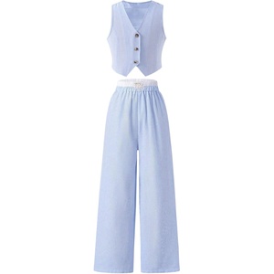 image:imageFloerns Girls 2 Piece Outfits Elegant Striped Sleeveless Suit Vest amp Long Elastic Casual Pants SetLight Blue