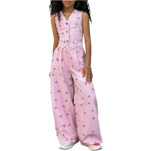 image:imageFloerns Girls 2 Piece Outfits Elegant Striped Sleeveless Suit Vest amp Long Elastic Casual Pants SetPink Bow Tie