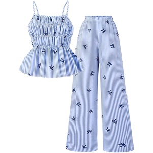 image:imageFloerns Girls 2 Piece Vacation Outfits Bow Striped Camisole Tops and Straight Leg Pants SetsBlue