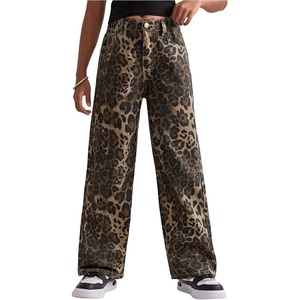 image:imageFloerns Girls Leopard Jeans Mid Waist Straight Leg Y2k Grunge Denim PantsBrown