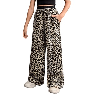 image:imageFloerns Girls Leopard Print Patched Drawstring Waist Wide Leg Y2k PantsBrown
