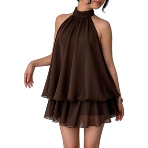 image:imageFloerns Girls Y2k Polka Dots Mini Dress Halter Neck Ruffle Hem Birthday Party DressesBrown