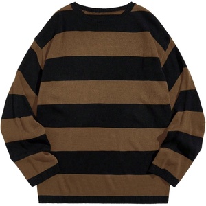 image:imageFloerns Men Striped Pullover Sweater Colorblock Crew Neck Knit Casual TopsBlack and Brown