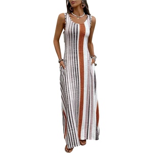 image:imageFloerns Women Boho Striped Tank Maxi Scoop Neck Summer Vacation DressesBrown Striped