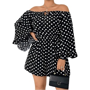 image:imageFloerns Women Plus Size Polka Dots Rompers Off The Shoulder JumpsuitBlack White Polka Dots