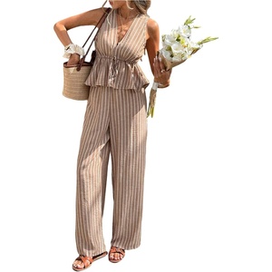 image:imageFloerns Womens 2 Piece Outfit Summer Striped V Neck Peplum Tank Top with Pants SetsCoffee Brown