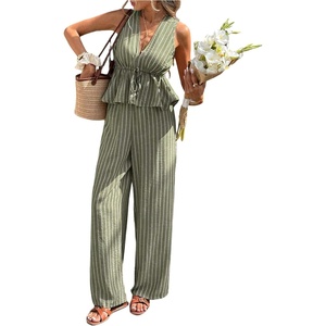 image:imageFloerns Womens 2 Piece Outfit Summer Striped V Neck Peplum Tank Top with Pants SetsGreen