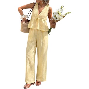 image:imageFloerns Womens 2 Piece Outfit Summer Striped V Neck Peplum Tank Top with Pants SetsLight Yellow
