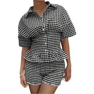 image:imageFloerns Womens 2 Piece Outfits Gingham Smocked Peplum Tops Mini Shorts SetBlack and White