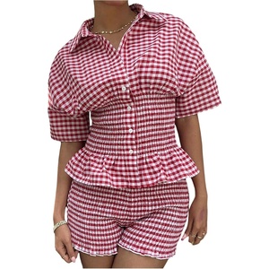 image:imageFloerns Womens 2 Piece Outfits Gingham Smocked Peplum Tops Mini Shorts SetRed