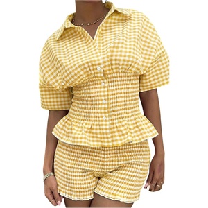 image:imageFloerns Womens 2 Piece Outfits Gingham Smocked Peplum Tops Mini Shorts SetYellow