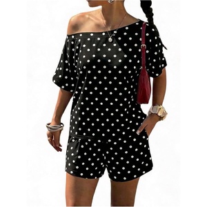image:imageFloerns Womens 2 Piece Polka Dots Set Off The Shoulder Tops Shorts SetsBlack