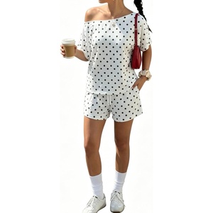 image:imageFloerns Womens 2 Piece Polka Dots Set Off The Shoulder Tops Shorts SetsBlack and White