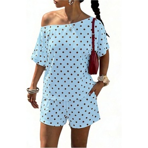 image:imageFloerns Womens 2 Piece Polka Dots Set Off The Shoulder Tops Shorts SetsBlue