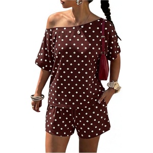 image:imageFloerns Womens 2 Piece Polka Dots Set Off The Shoulder Tops Shorts SetsBrown