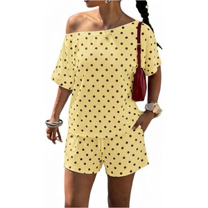 image:imageFloerns Womens 2 Piece Polka Dots Set Off The Shoulder Tops Shorts SetsPale Yellow