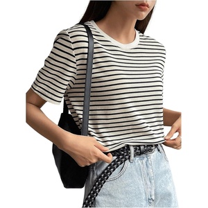 image:imageFloerns Womens Basic Striped Crewneck Short Sleeve Rib Knit Tops Tee ShirtsBlack White Striped