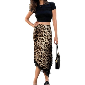 image:imageFloerns Womens Casual Leopard Satin Midi Skirt Summer Asymmetric Lace Trim Elegant Going Out SkirtBrown Leopard