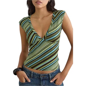 image:imageFloerns Womens Casual Striped Deep V Neck Fitted Going Out Tank TopsGreen