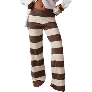 image:imageFloerns Womens Casual Striped Low Rise Pants Wide Leg Vacation Knit Lounge Pajama PantsCoffee Brown