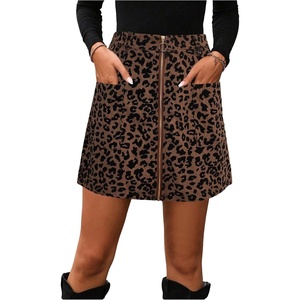 image:imageFloerns Womens Cheetah Print A Line Mini Skirt Zip Up Corduroy Skirts with PocketsCoffee Brown