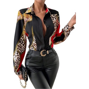 image:imageFloerns Womens Cheetah Print Button Down Shirts Collared Long Sleeve Dressy Blouses TopBlack Multi
