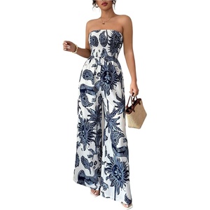 image:imageFloerns Womens Cheetah Print Strapless Tube Shirred Sleeveless Wide Leg Romper JumpsuitBlue and White