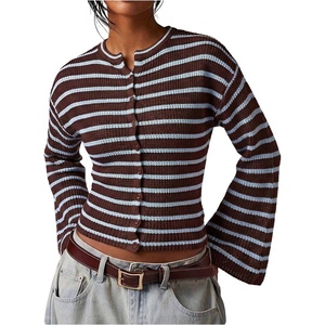 image:imageFloerns Womens Chic Striped Knit Button Up Cardigan Sweaters Fall ClothesBrown and Blue
