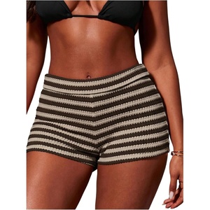 image:imageFloerns Womens Crochet Micro Shorts Striped Knit Summer Beach Mini ShortBrown and Grey