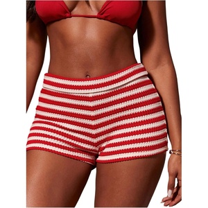 image:imageFloerns Womens Crochet Micro Shorts Striped Knit Summer Beach Mini ShortRed