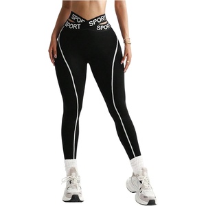 image:imageFloerns Womens Cute Contrast Striped Leggings Workout Sports Skinny PantsBlack Letter