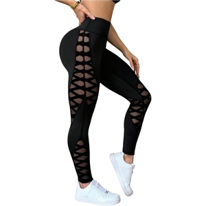 image:imageFloerns Womens Cute Contrast Striped Leggings Workout Sports Skinny PantsBlack Mesh