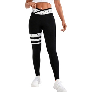 image:imageFloerns Womens Cute Contrast Striped Leggings Workout Sports Skinny PantsBlack and White
