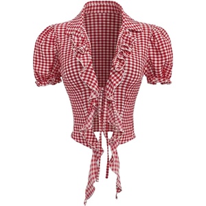 image:imageFloerns Womens Cute Ruffle Trim Gingham Shirts Puff Sleeve Tie Front Preppy BlousesRed