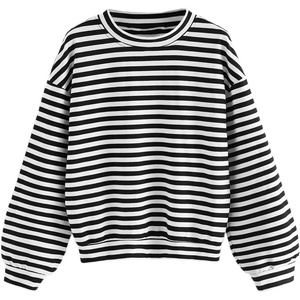 image:imageFloerns Womens Drop Shoulder Striped Long Sleeve SweatshirtA Black and White