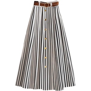 image:imageFloerns Womens Elegant Striped A Line Skirt Button Front Office Business Casual Long Skirt with BeltBlack and White