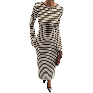image:imageFloerns Womens Elegant Striped Knit Long Dress Open Back Bell Long Sleeve Date Night Party DressesBrown