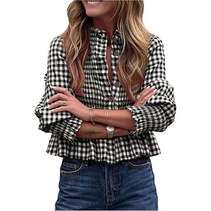 image:imageFloerns Womens Gingham Button Down Shirts Dressy Casual Long Sleeve Peplum Blouses Brunch OutfitsBlack and White