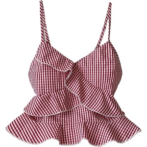 image:imageFloerns Womens Gingham Camisole Tops Spaghetti Strap Ruffle Hem Cute Peplum TopsRed