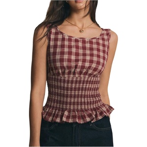image:imageFloerns Womens Gingham Corset Tops Crew Neck Peplum Sleeveless Crop TopsRed and White